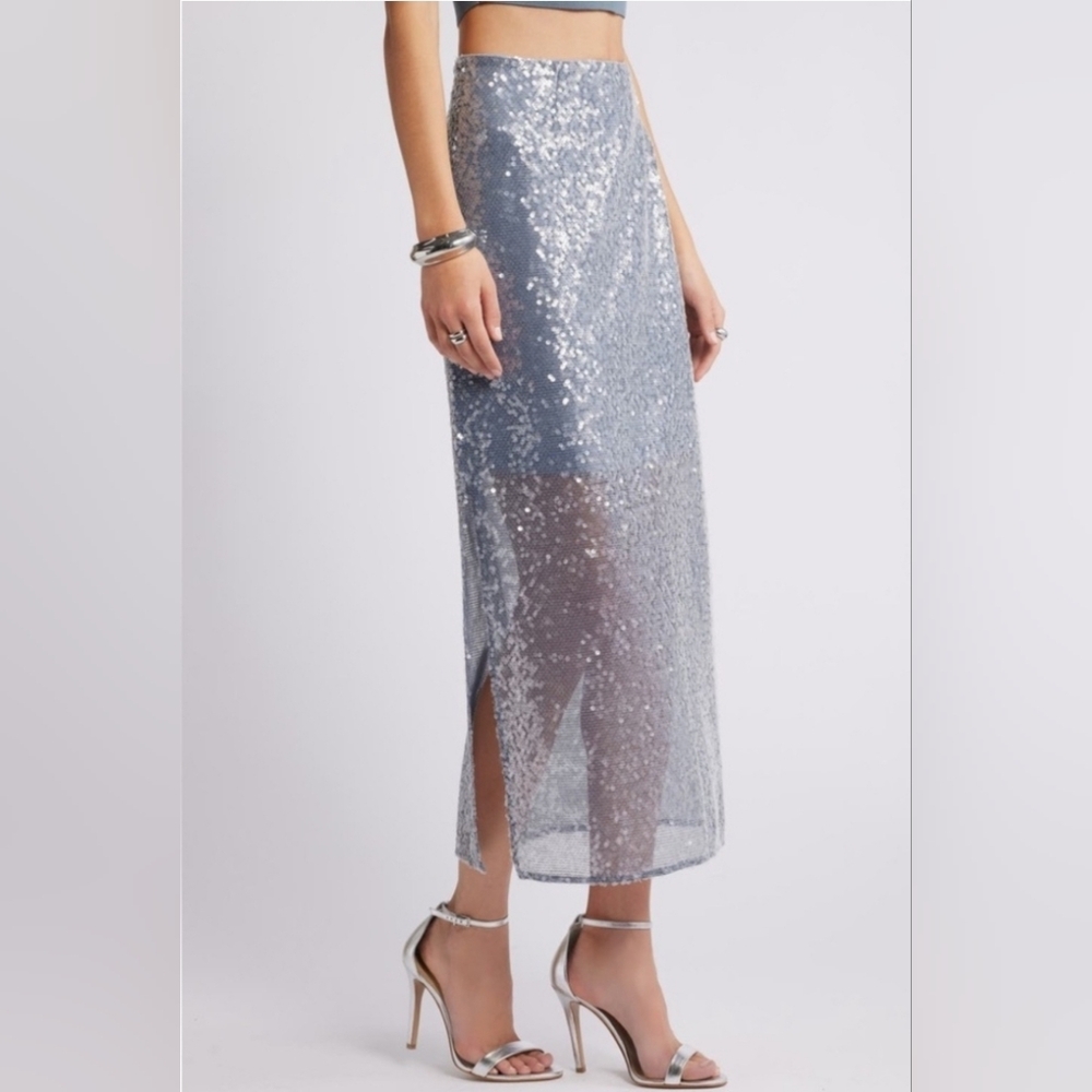 Open Edit Elegant Silver Sequin Skirt - Picture 2 of 2